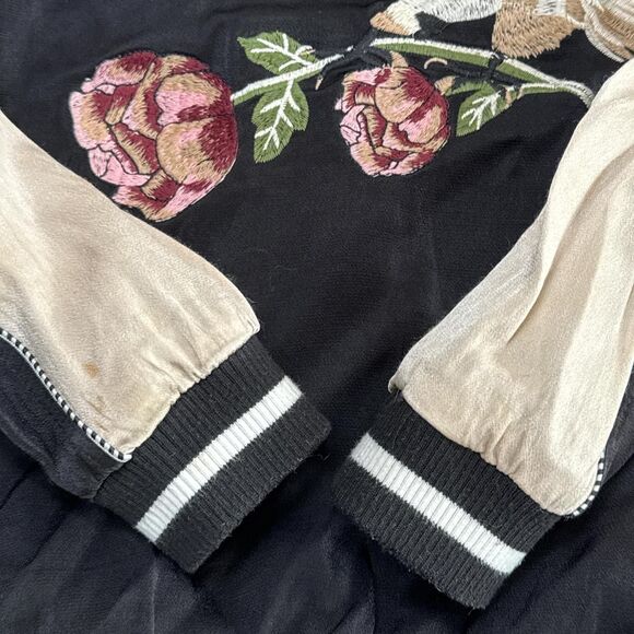 Black Satin Bomber Jacket w/ Embroidered Hawk + Rose Patches Japanese Style XS - Picture 7 of 8
